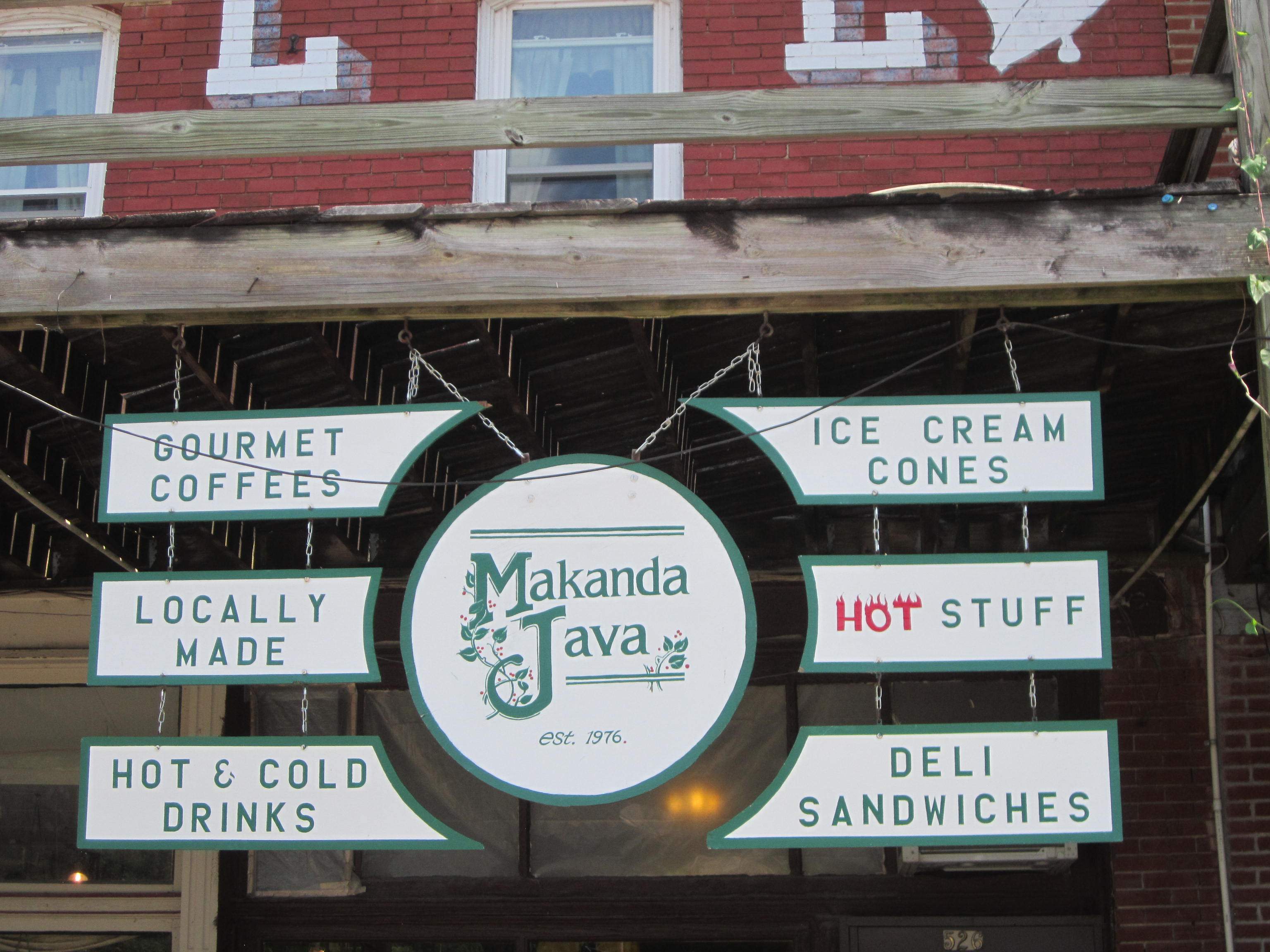 The sign in front of Makanda Java coffee shop, advertising its menu