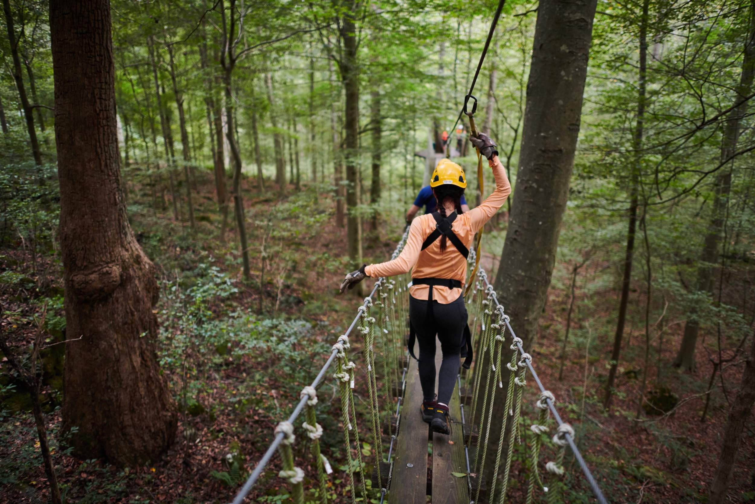 People on a bridge crossing the forests with harnesses and safety helmets at Canopy Tours.