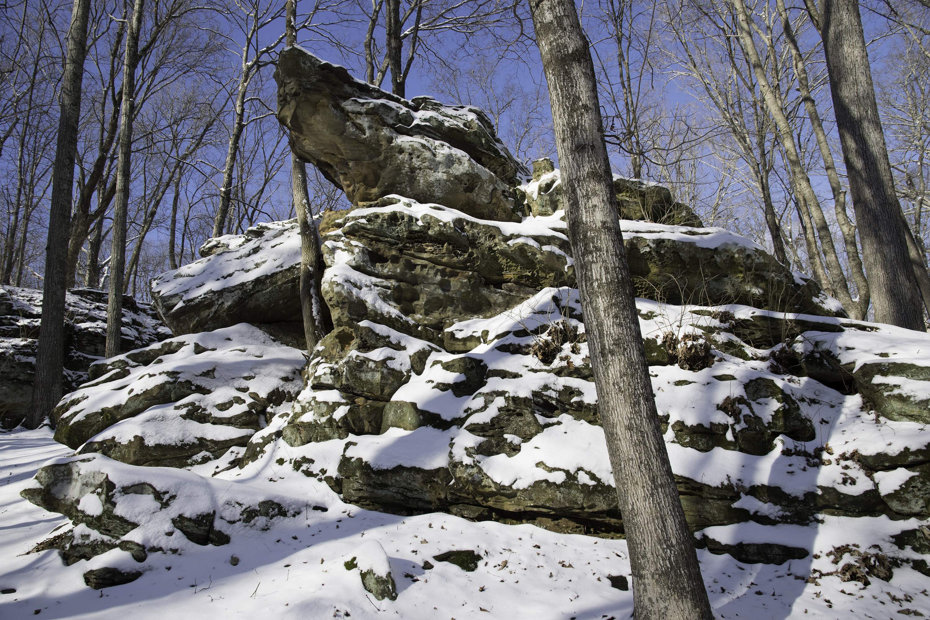 Snow-covered rocks on a Giant City State Park trail