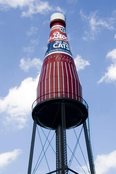 The giant Brooks Catsup Bottle against a blue sky in Collinsville