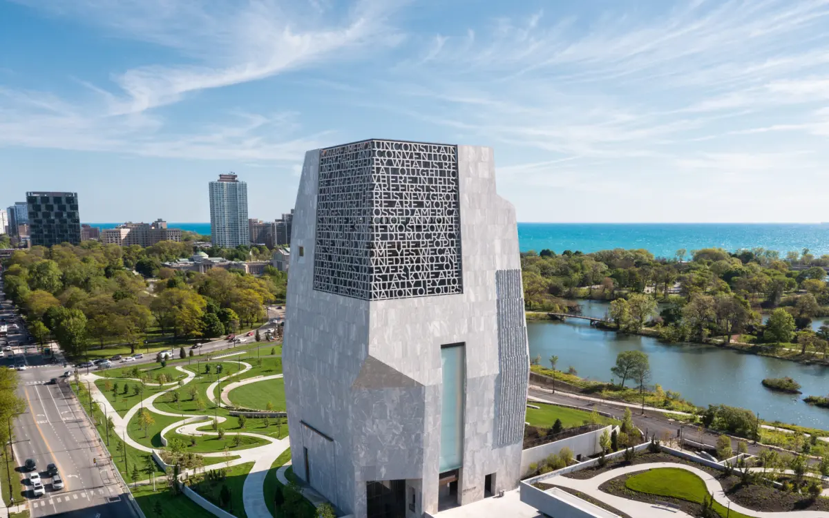 A building with landscaping around it