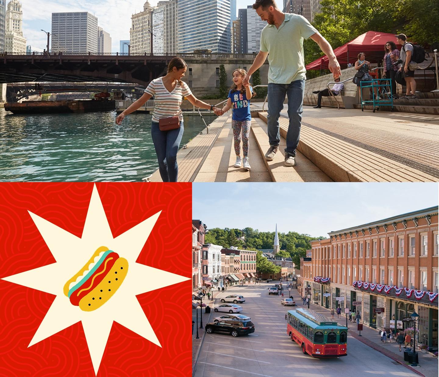 Collage of a family on Chicago River Walk, a Chicago hot dog icon, and a trolley down small town Illinois.