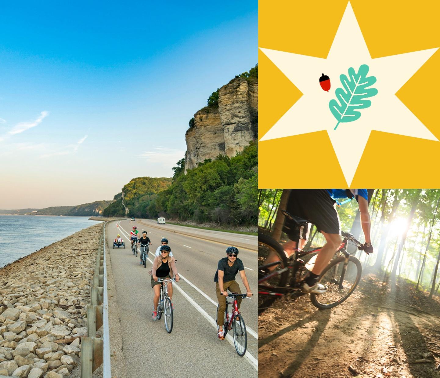 A group of cyclists ride along the river and another biker hits the trail.