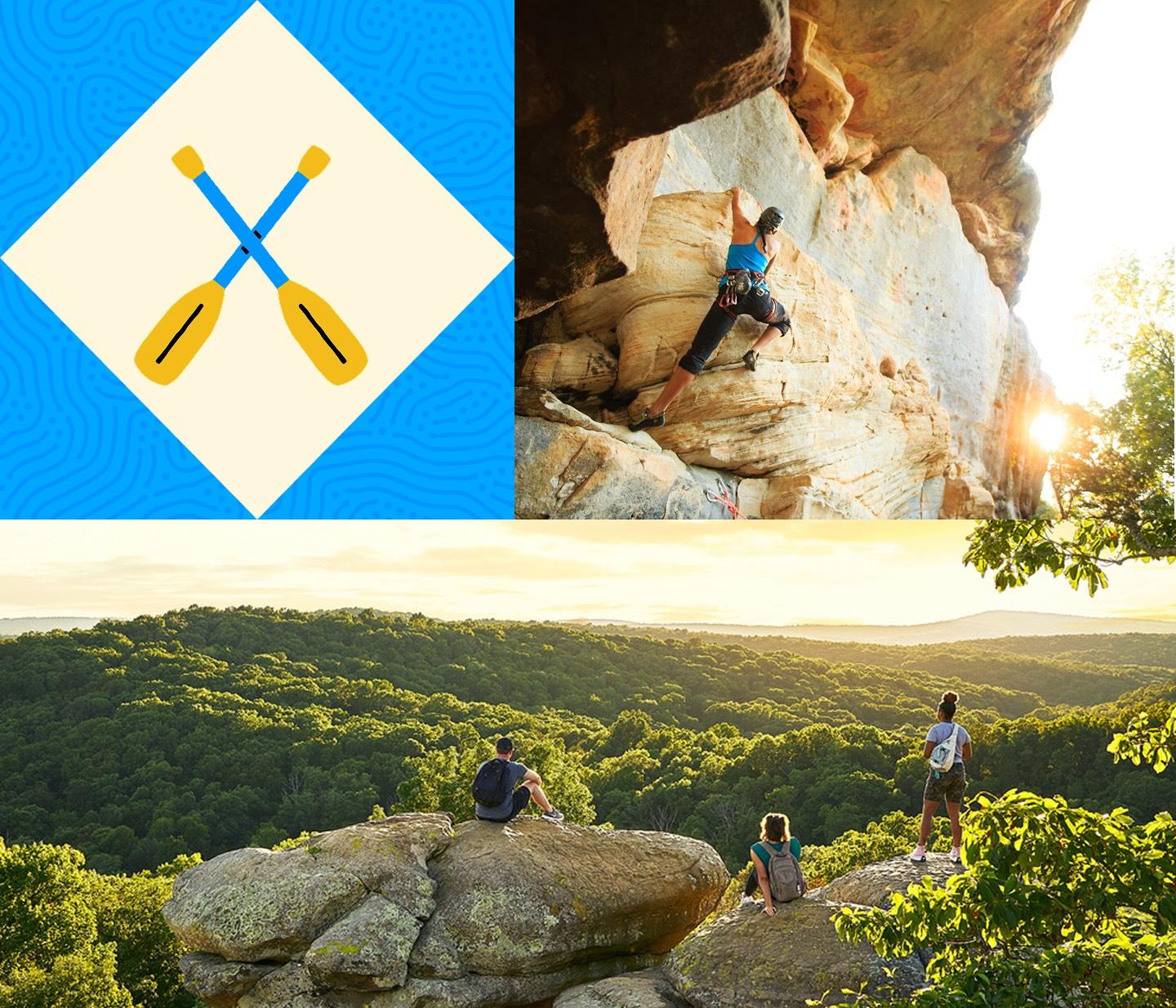 A collage featuring an outdoor adventure logo with crossed paddles, a person rock climbing on a cliff, and three hikers overlooking a forested landscape at sunset.