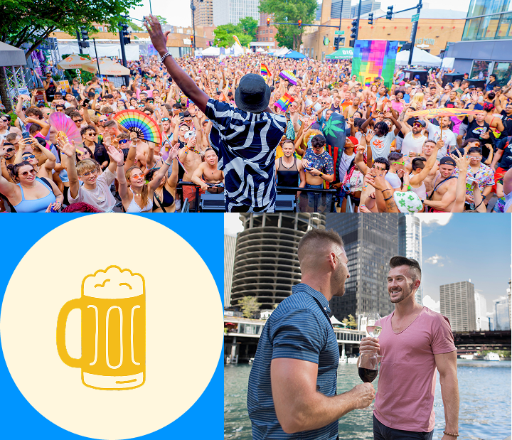 Pride festival crowd, beer icon, and two men toasting on a Chicago river boat.