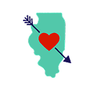 Illinois-shaped icon with a heart in the middle.