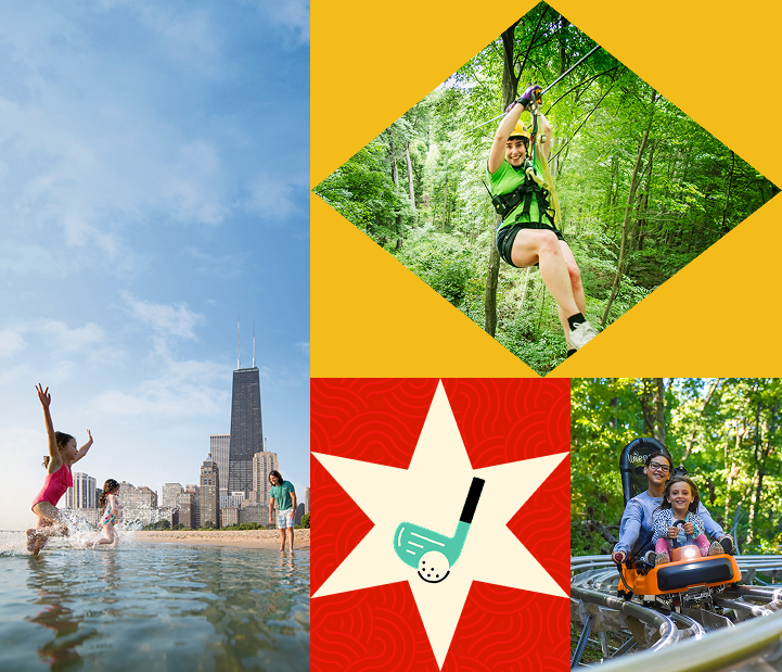 Collage of outdoor activities including beach play, ziplining, golf graphic, and a roller coaster ride.