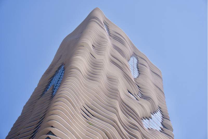 The wave-like surface of the Aqua Building in Chicago