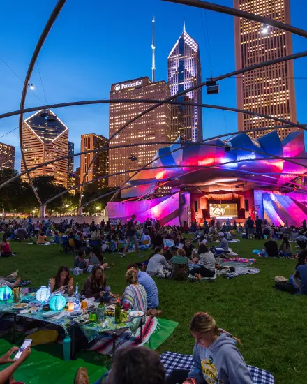 A crowd gathered on the lawn for an evening concert at Millennium Park in Chicago.