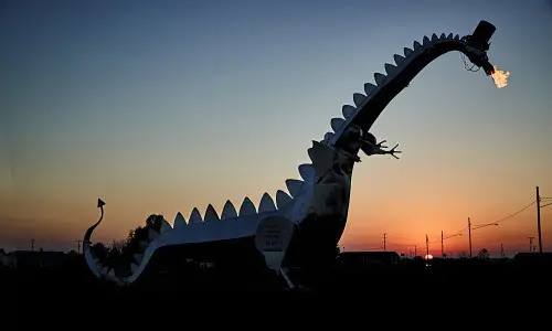 The Kaskaskia Dragon, a large dragon sculpture breathing fire.