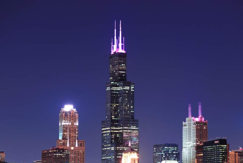 Willis Tower, rising above the other buildings in the Chicago night skyline