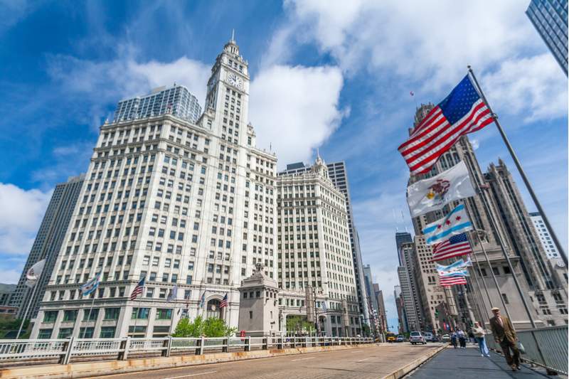 Chicago's Wrigley Building, as seen from the Michigan Avenue Bridge