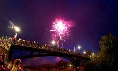 People sitting in a park alongside a bridge, watching fireworks in the sky