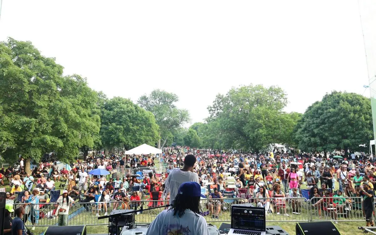 A performer on stage faces a crowd of people in a park