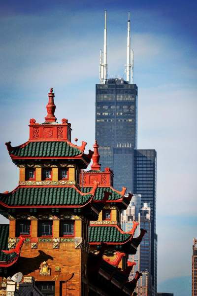 Chinatown in Chicago looking towards the city skyline