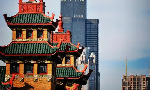 Chinatown in Chicago looking towards the city skyline