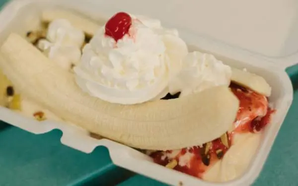 A banana split custard sundae from Jarling's Custard Cup in Champaign-Urbana.