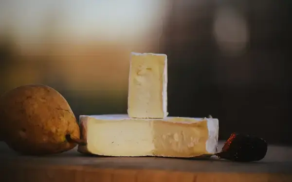 A homemade cheese wheel and pear from Prairie Farms in Champaign-Urbana.