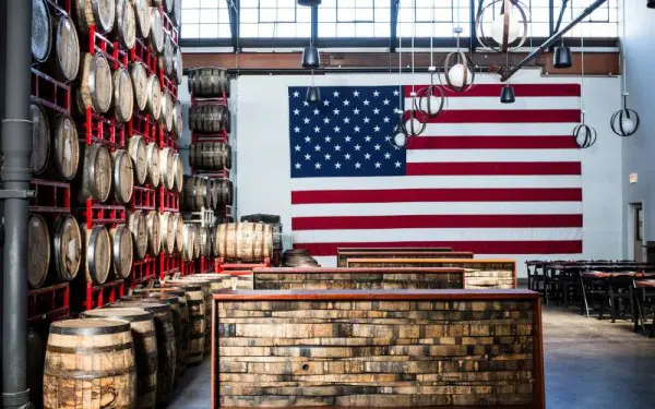 A wall of barrels in the tasting room at Revolution Brewery 