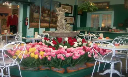 Tulips surrounding a water fountain in the Atrium Cafe.