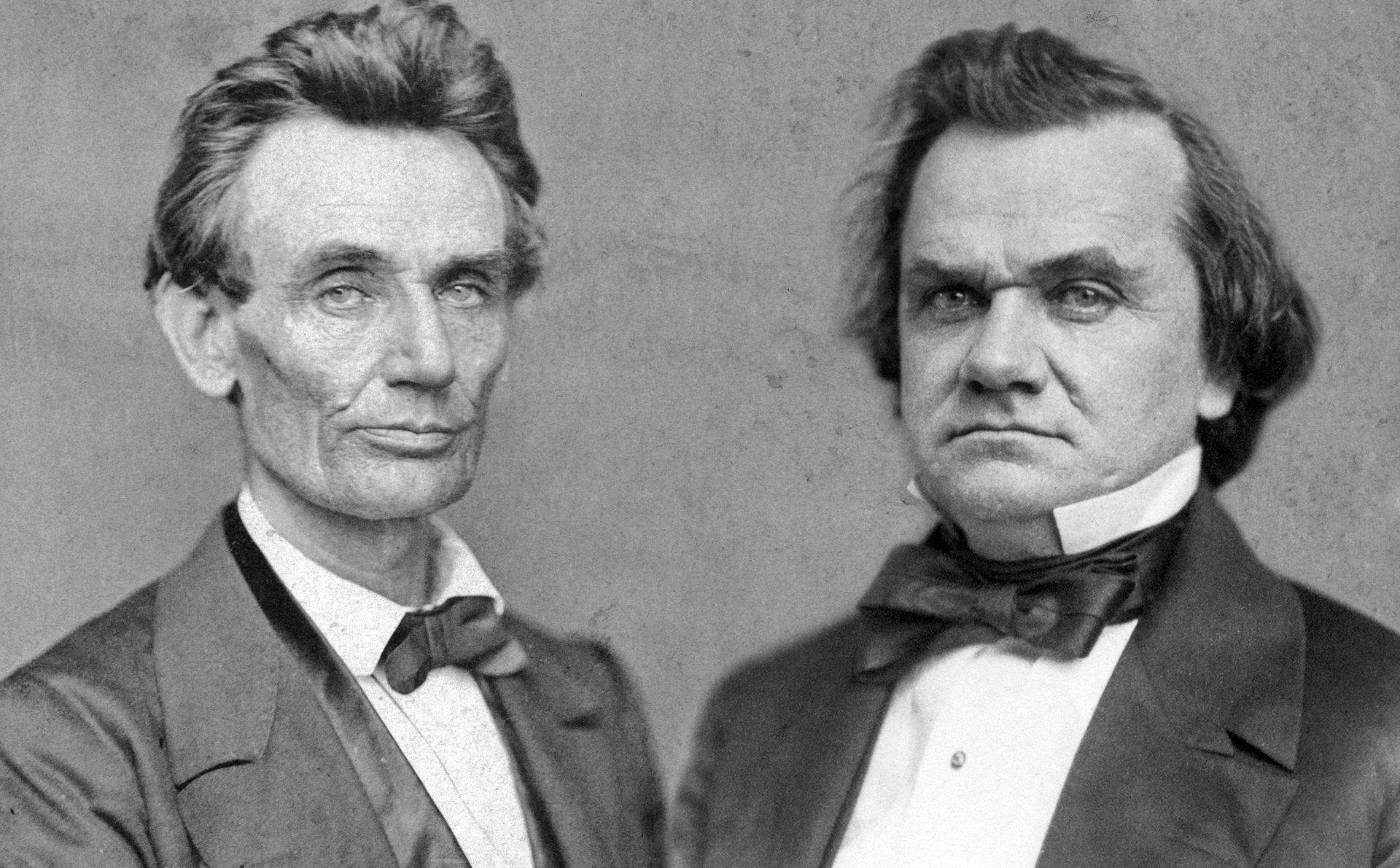 Historic black and white portraits of Abraham Lincoln and Stephen Douglas, during their race for the Senate in 1858