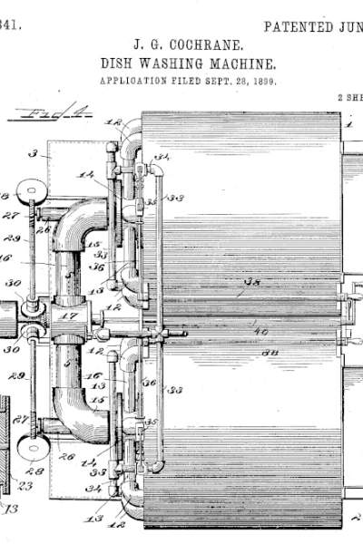 The illustrated patent for Josephine Cochrane's dish washing machine