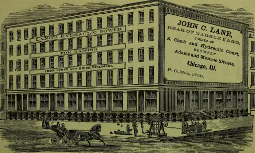 An illustration from the 1800s of a building being lifted on hydraulic jacks in Chicago. Public domain image from Wikimedia Commons: https://commons.wikimedia.org/wiki/File:Illinois_state_business_directory_-_1860_(1860)_(14761103841).jpg