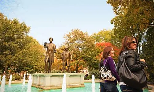 Statues of Abraham Lincoln and Stephen Douglass recall their first senatorial debate, held at the park in 1858.