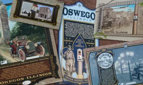 A collage of interpretative murals from along the Lincoln Highway in Illinois
