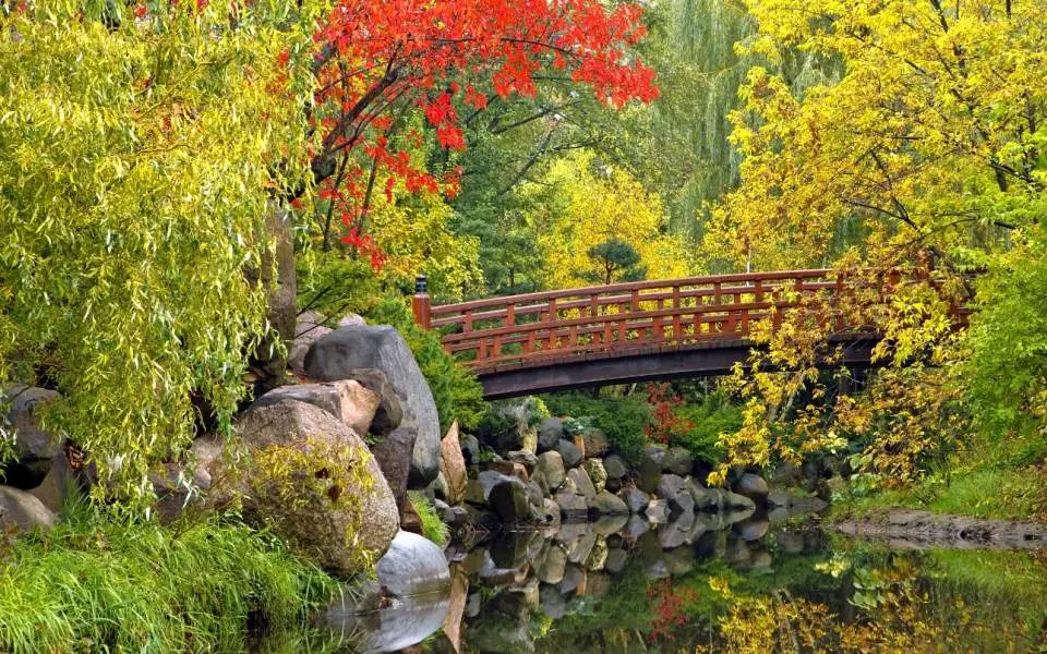 A bridge crosses a pond surrounded by fall foliage