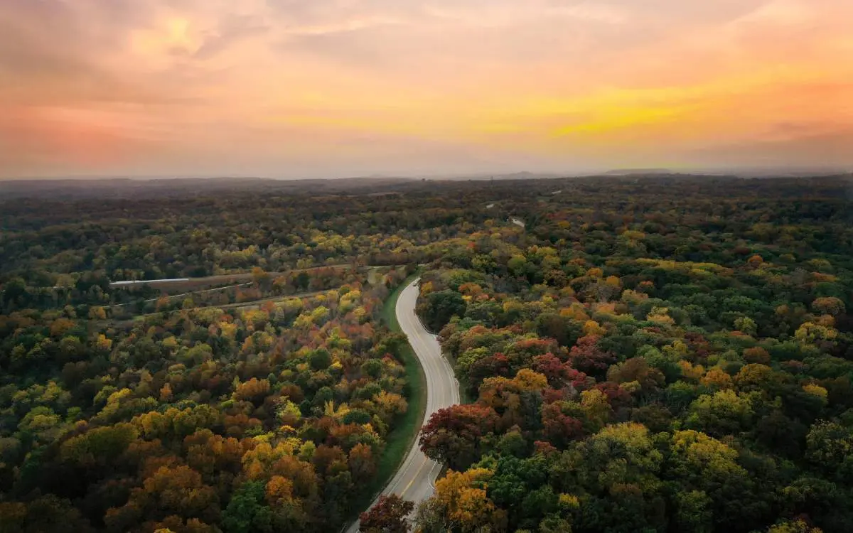 An aerial view of a highway winding through autumnal trees, with an orange sunset sky
