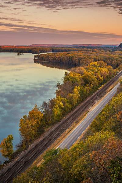 Overhead view of fall colors on the Great River Road next to the Mississippi river