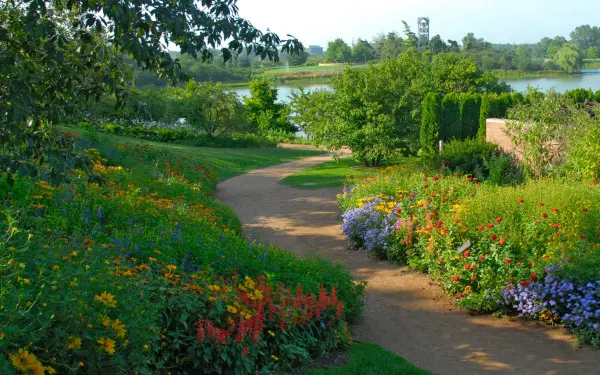 Beautiful garden pathway in the Chicago Botanic Garden.