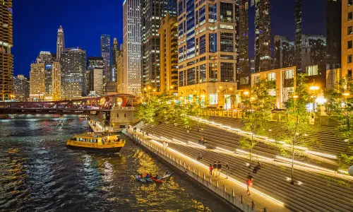 View of the Chicago Riverwalk at Night