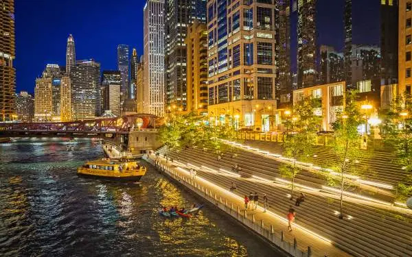 View of the Chicago Riverwalk at Night