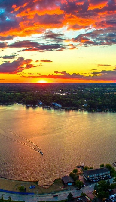 Aerial view of Diamond Lake at sunset