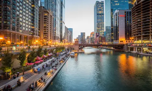View looking down the Chicago river with Skyscrapers