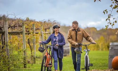 A couple walking with their bikes through the vines
