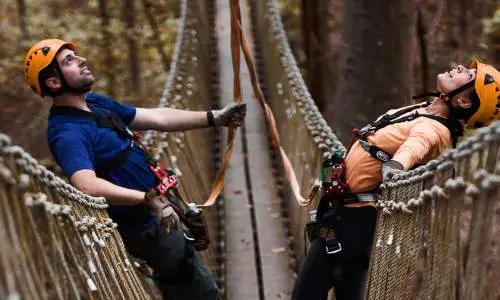 Climbers on harnesses crossing a bridge.