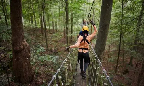 People on a bridge crossing the forests with harnesses and safety helmets at Canopy Tours.