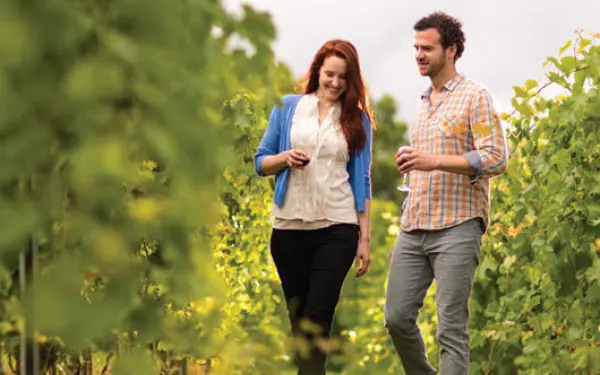 A couple stroll through Blue Sky Vineyards in Southern Illinois.