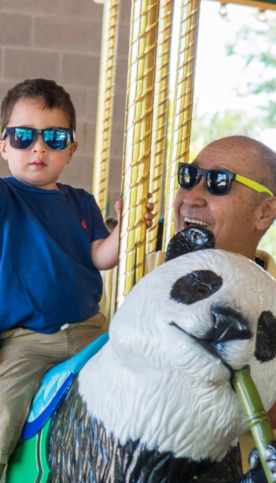 A toddler and his grandparents on the carousel at the Brookfield Zoo.