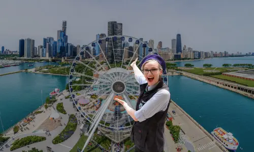 Jane Lynch superimposed over aerial image of Navy Pier and Chicago