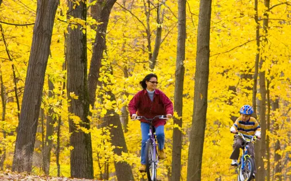 Mother and child biking