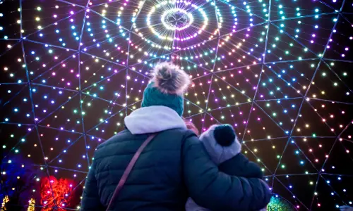 Family looking up at lights