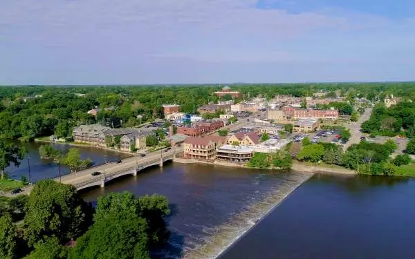 Overhead shot of downtown Geneva.