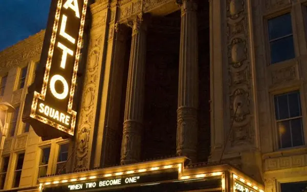 The Rialto Square Theatre in Joliet lit up at night