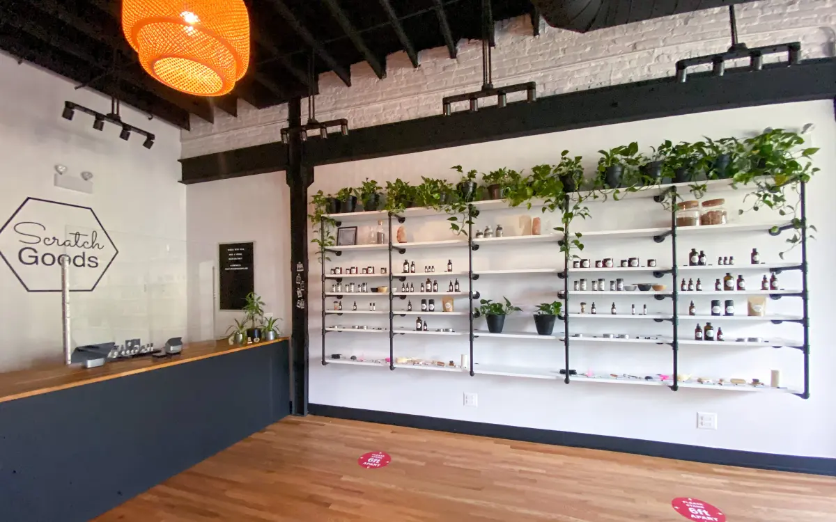 Store with products on shelving