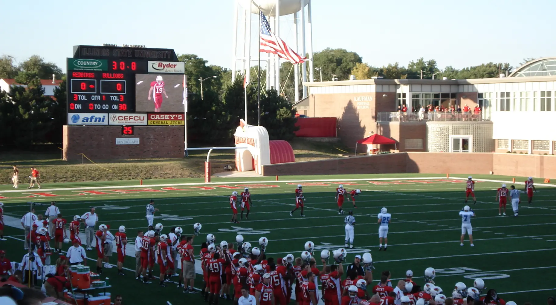 The endzone of a football field on game day