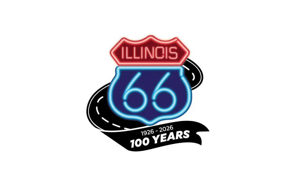 A neon logo graphic celebrating the Illinois Route 66 centennial